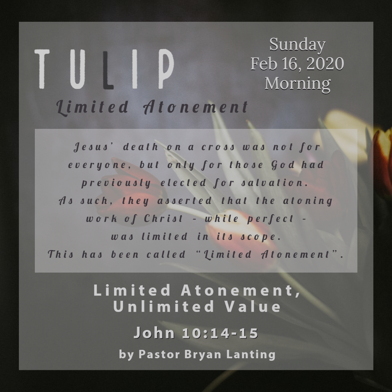 Audio Sermon
Limited Atonement, Unlimited Value
John 10:14-15
TULIP Series
Pastor Bryan Lanting
February 16, 2020 Morning

